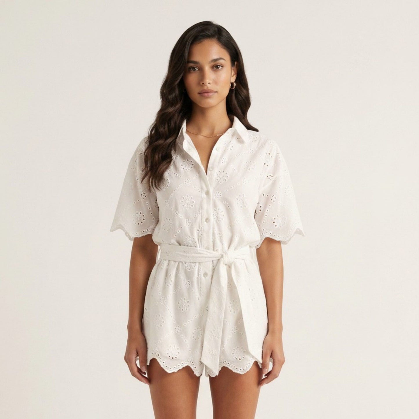 Eyelet Romper Button Front Short Sleeve Tie Waist Lightweight Casual One Piece