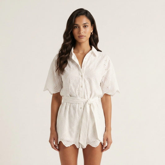 Eyelet Romper Button Front Short Sleeve Tie Waist Lightweight Casual One Piece