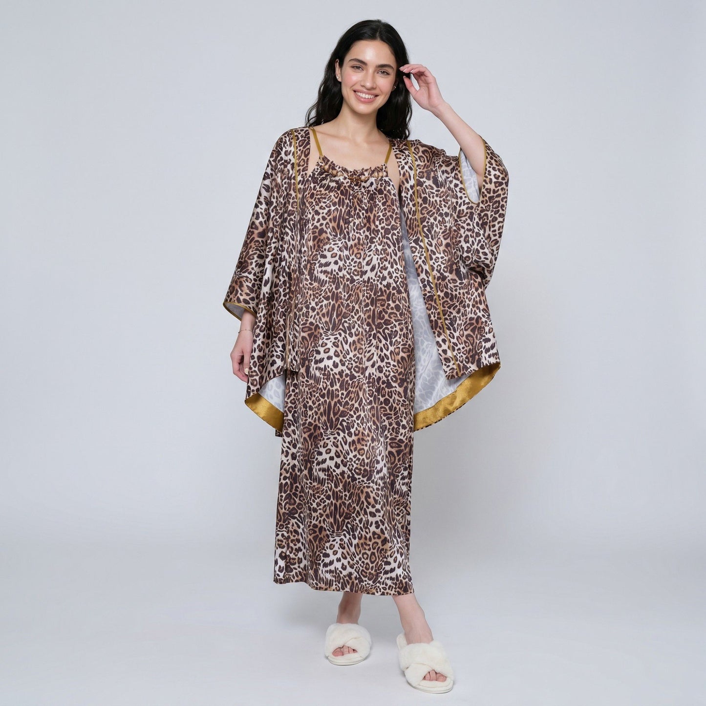 2-Piece Leopard Print Nightgown Robe Set with Spaghetti Strap Dress