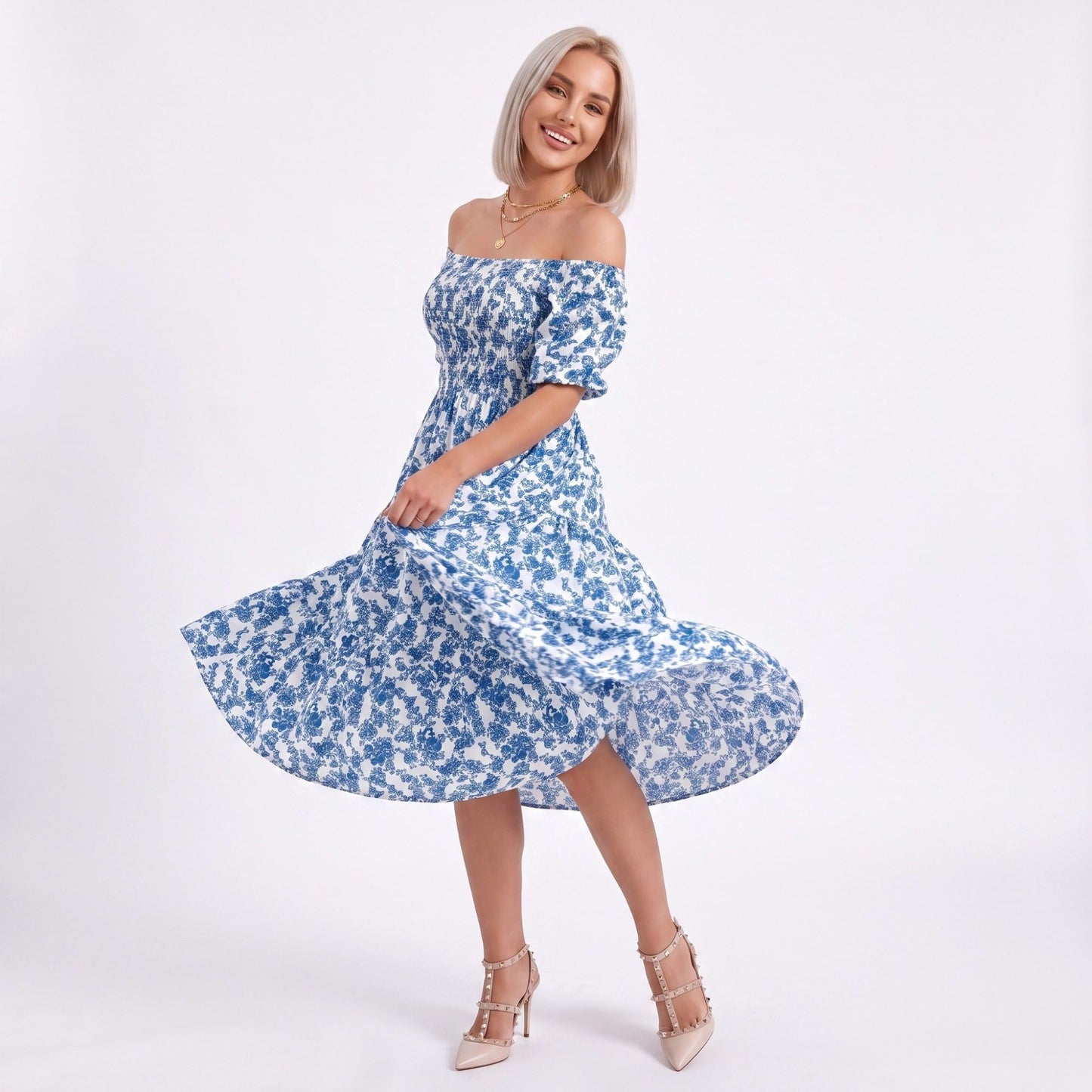 Floral Square Neck Smocked Bodice Tiered Midi Dress