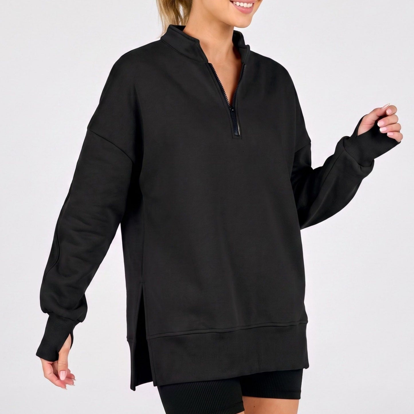 Quarter Zip Mock Neck Long Sleeve Tunic Sweatshirt with Side Slits