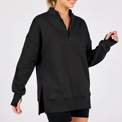 Quarter Zip Mock Neck Long Sleeve Tunic Sweatshirt with Side Slits