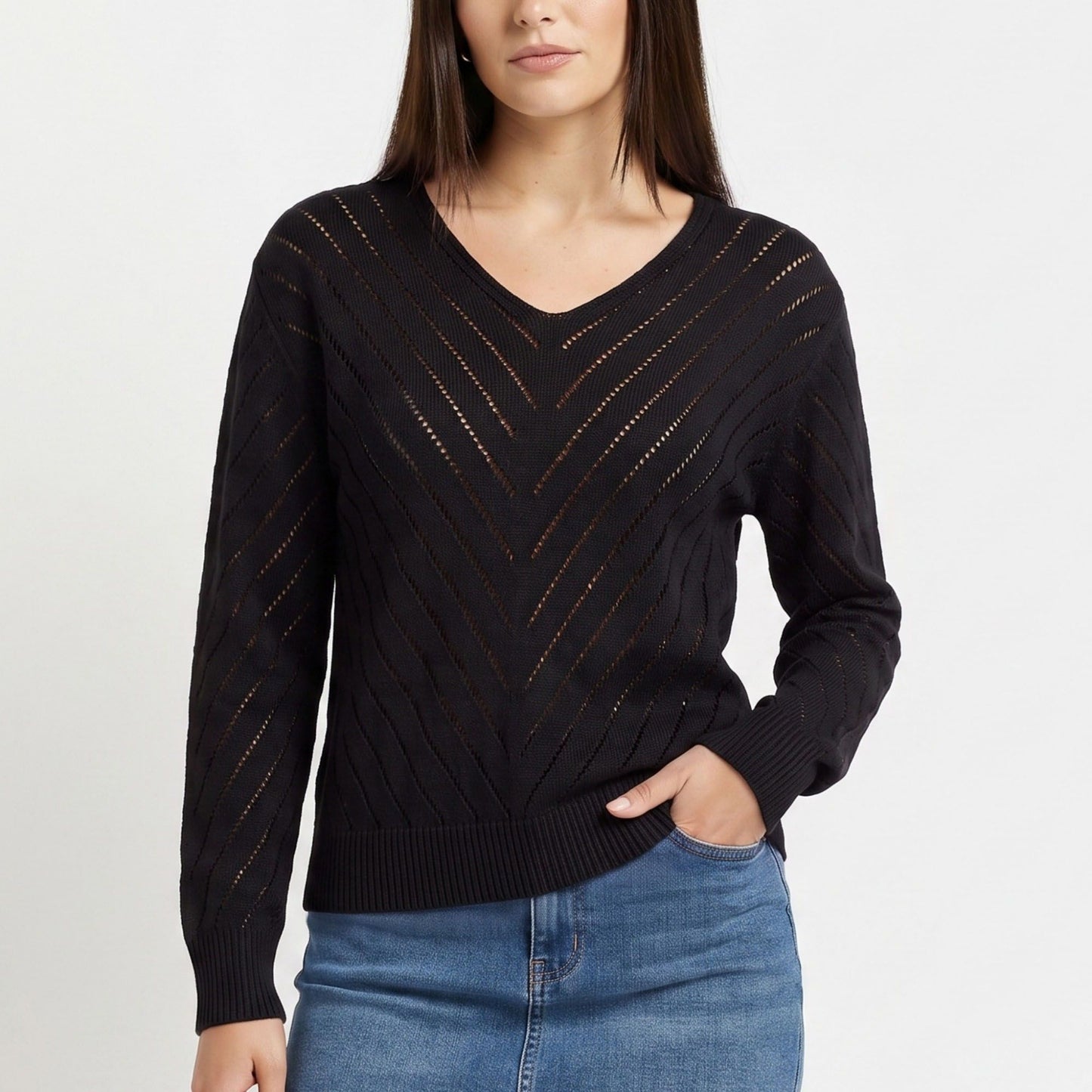 Chevron Pointelle V-Neck Long Sleeve Knit Sweater