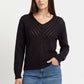 Chevron Pointelle V-Neck Long Sleeve Knit Sweater