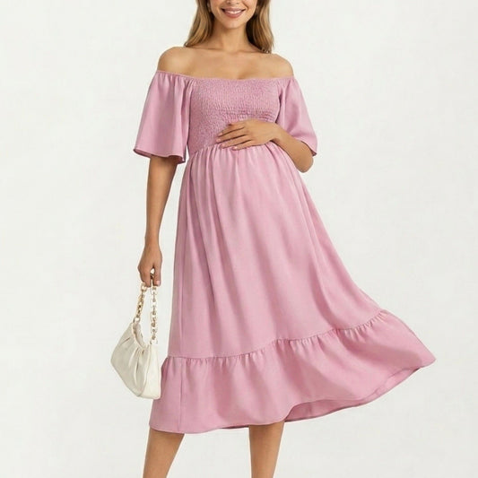 Maternity Off Shoulder Smocked Maxi Dress with Short Sleeves and Flowy Skirt