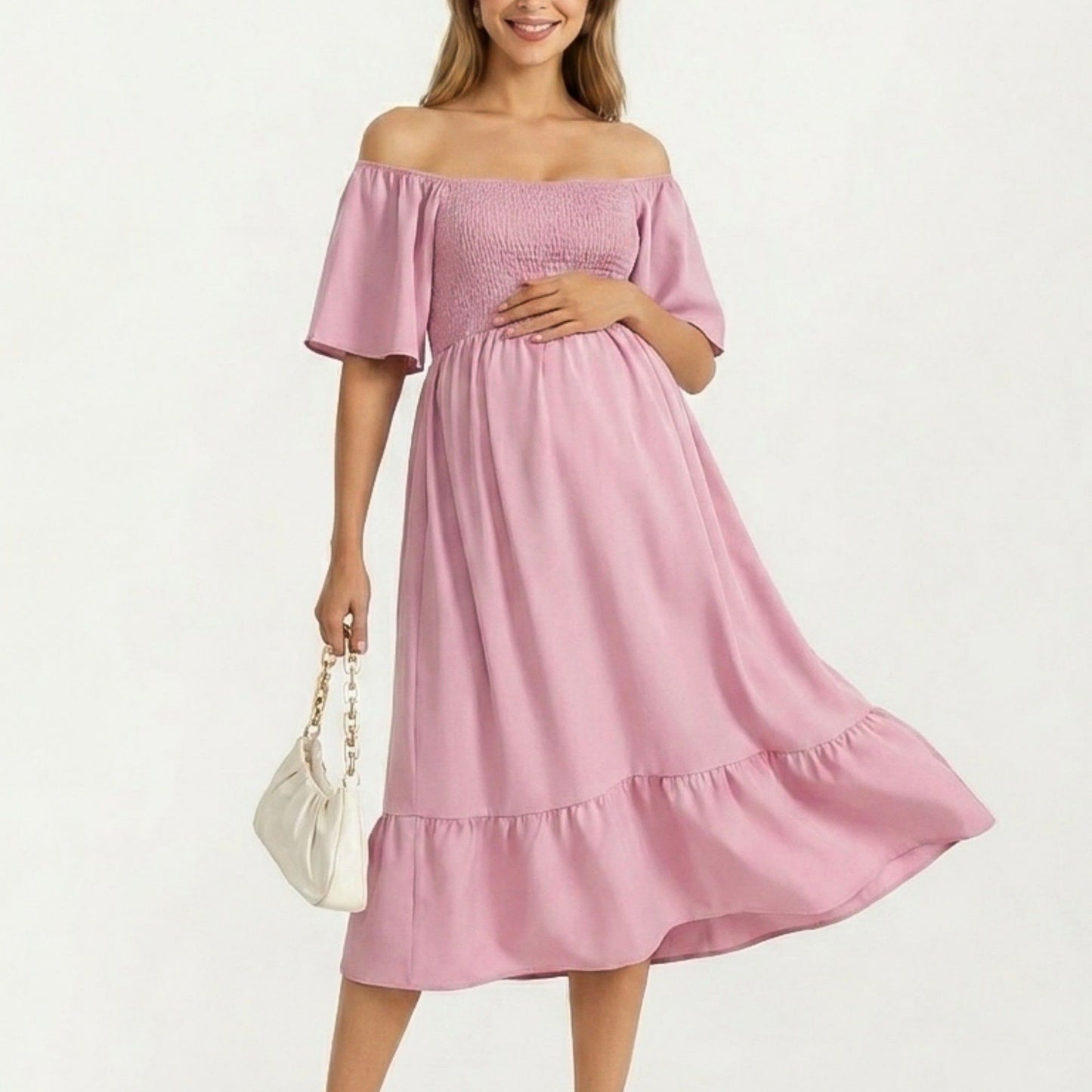 Maternity Off Shoulder Smocked Maxi Dress with Short Sleeves and Flowy Skirt