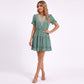 Swiss Dot V-Neck Lace Trim Tiered Ruffle Mini Dress