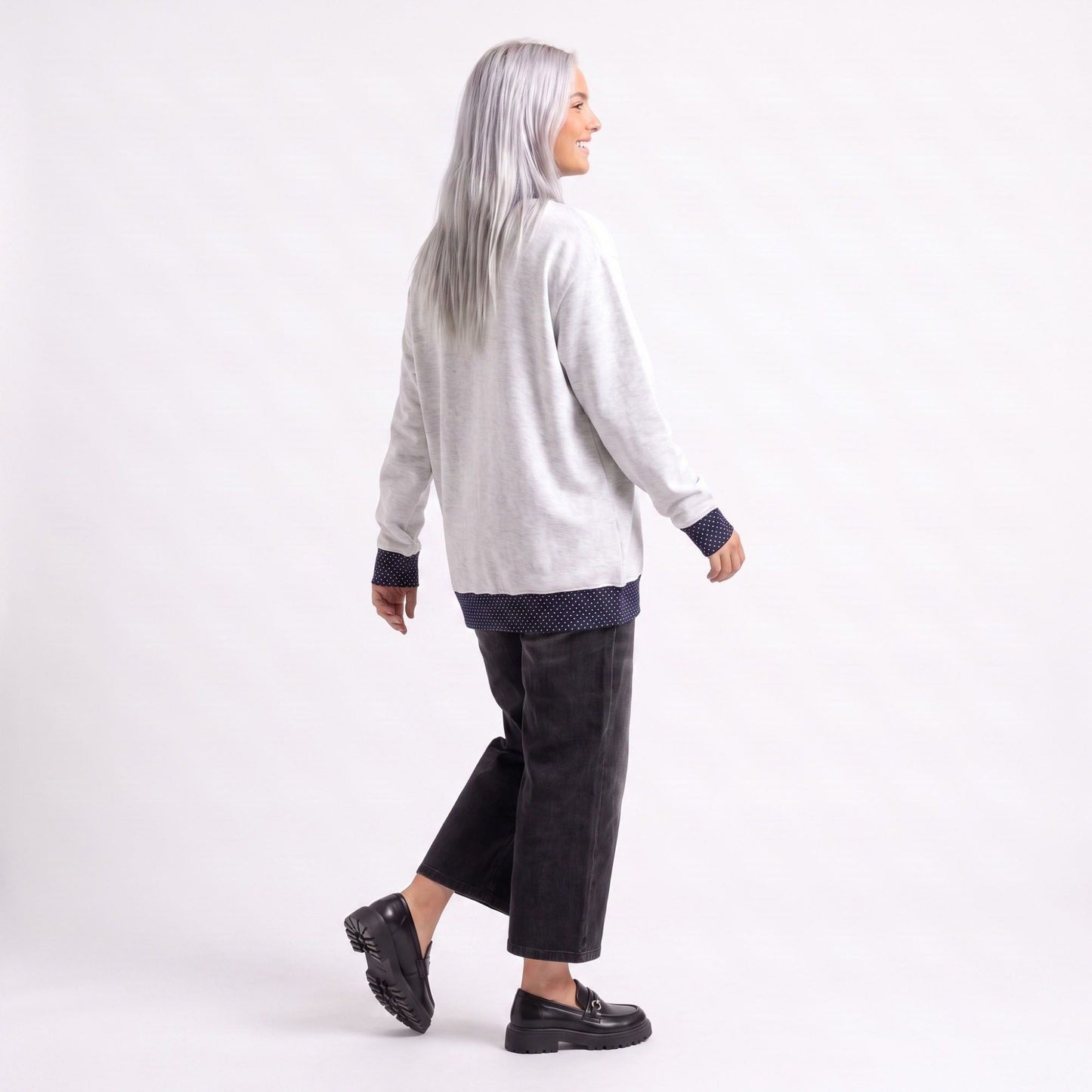Long Sleeve Contrast Trim Sweatshirt with Polka Dot Details
