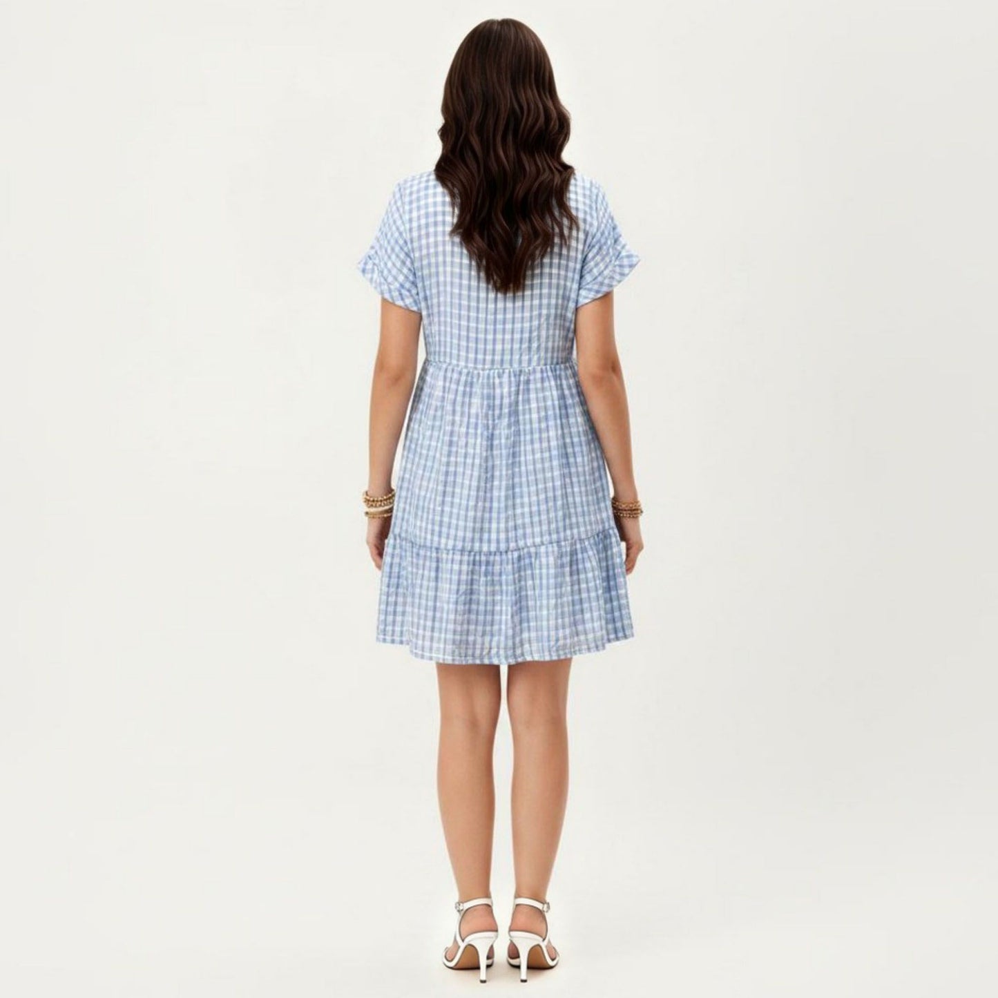 Short Sleeve V Neck Plaid Mini Dress with Tiered Hem Loose Fit Casual Lightweight Summer Dress