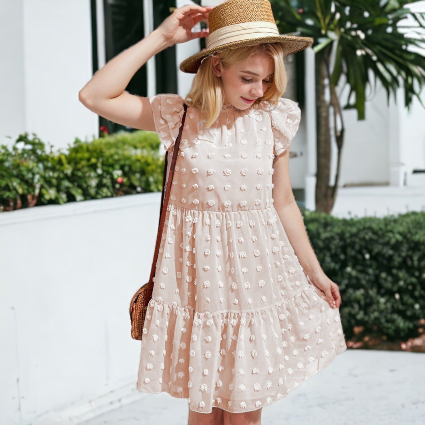 Swiss Dot High Neck Short Sleeve Dress