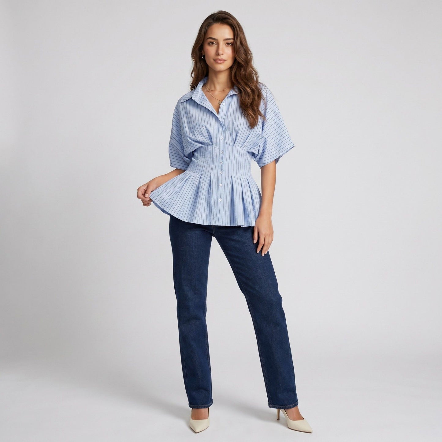 Striped Button Front Peplum Blouse with Collared Neck and Pleated Hem