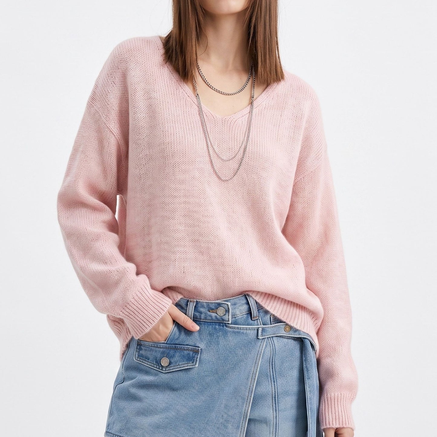 Oversized V Neck Longline Knit Pullover Sweater