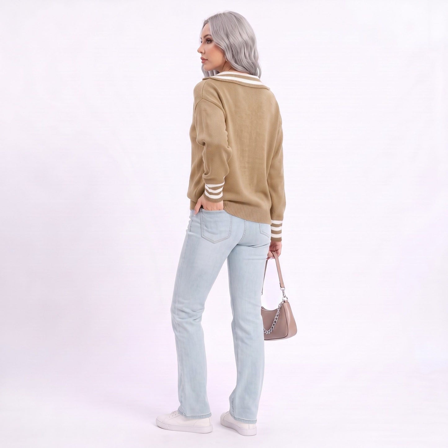 Long Sleeve Collared V Neck Knit Pullover Sweater