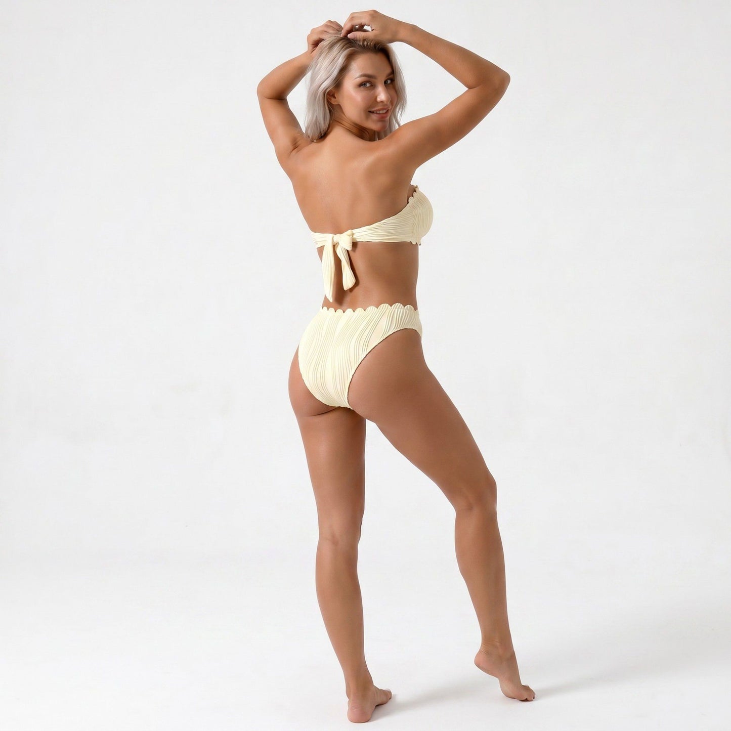 Bandeau Bikini Set with Textured Pleated Fabric and Scalloped Trim