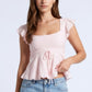 Square Neck Peplum Top with Ruffle Sleeves and Front Tie Detail