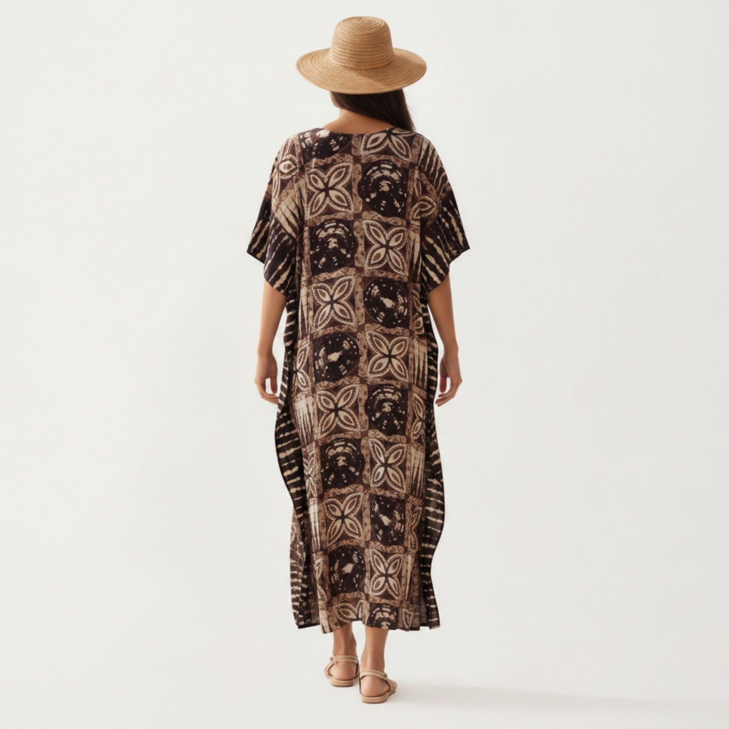 Geometric Print Maxi Caftan Dress with V-Neckline Relaxed Fit and Draped Silhouette