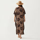 Geometric Print Maxi Caftan Dress with V-Neckline Relaxed Fit and Draped Silhouette