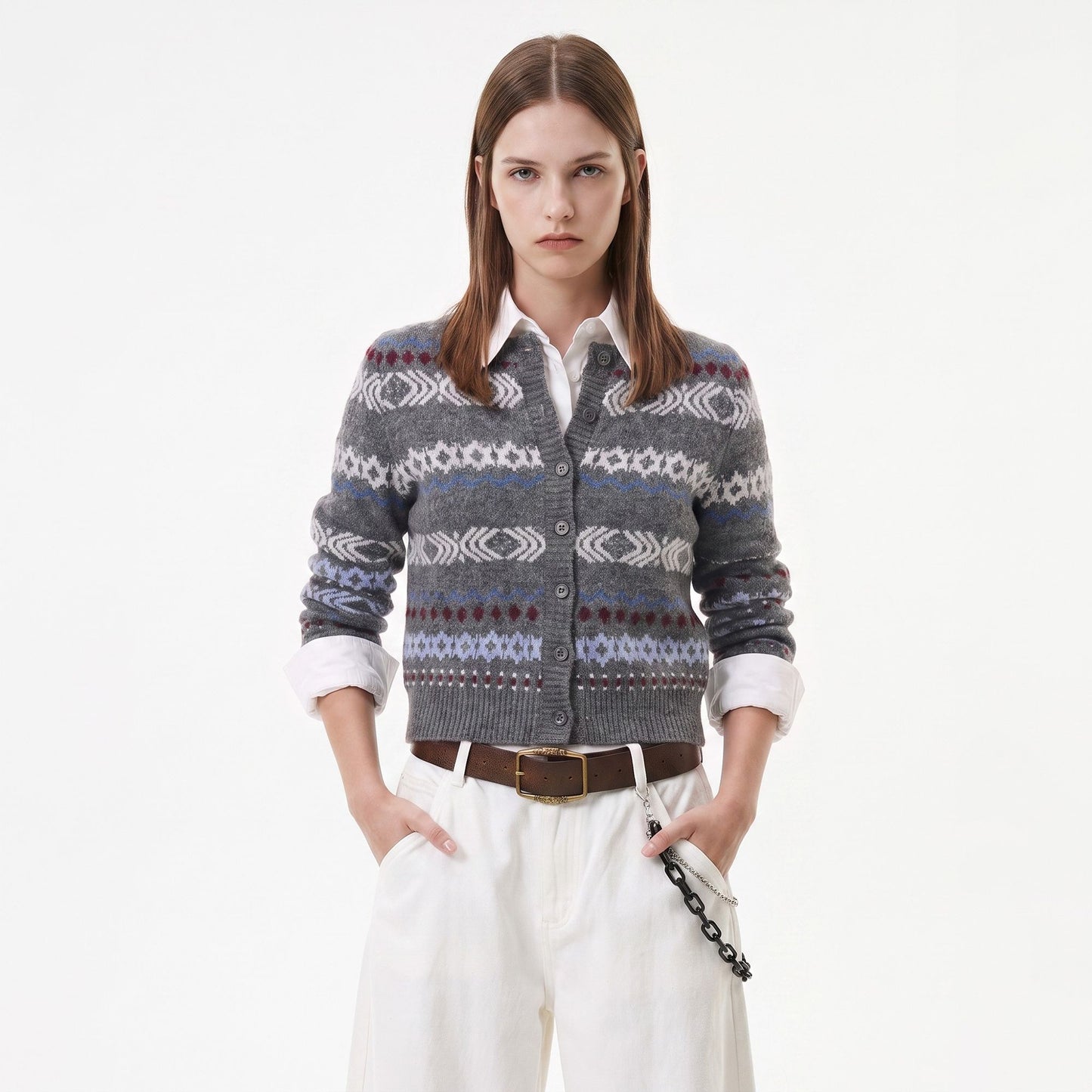 Geometric Pattern Button Front Knit Cardigan Sweater