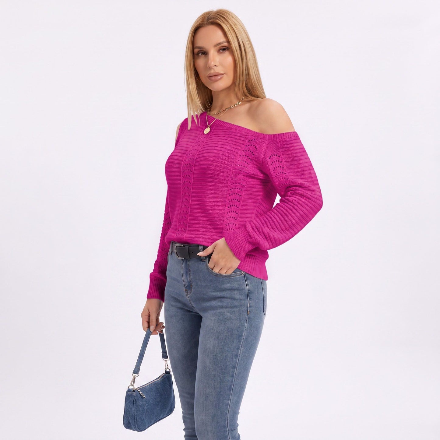One Shoulder Cold Shoulder Pointelle Knit Long Sleeve Sweater