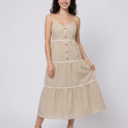 Striped Spaghetti Strap Button Front Midi Dress with Rickrack Trim Tiered Skirt and Flowy A Line Silhouette