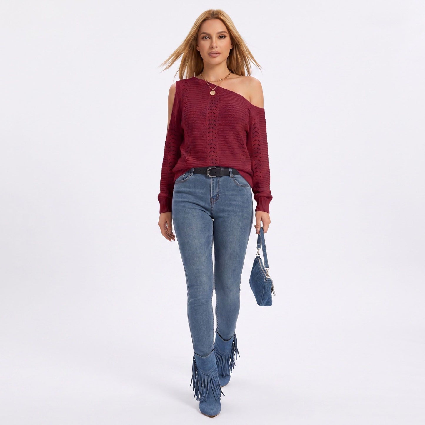 One Shoulder Cold Shoulder Pointelle Knit Long Sleeve Sweater