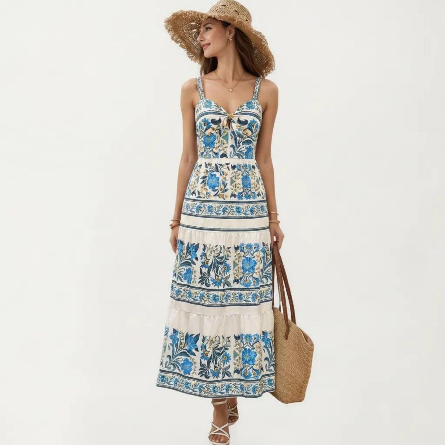 Sleeveless Maxi Dress with Adjustable Straps Tiered Skirt Printed Design Flowy Fit