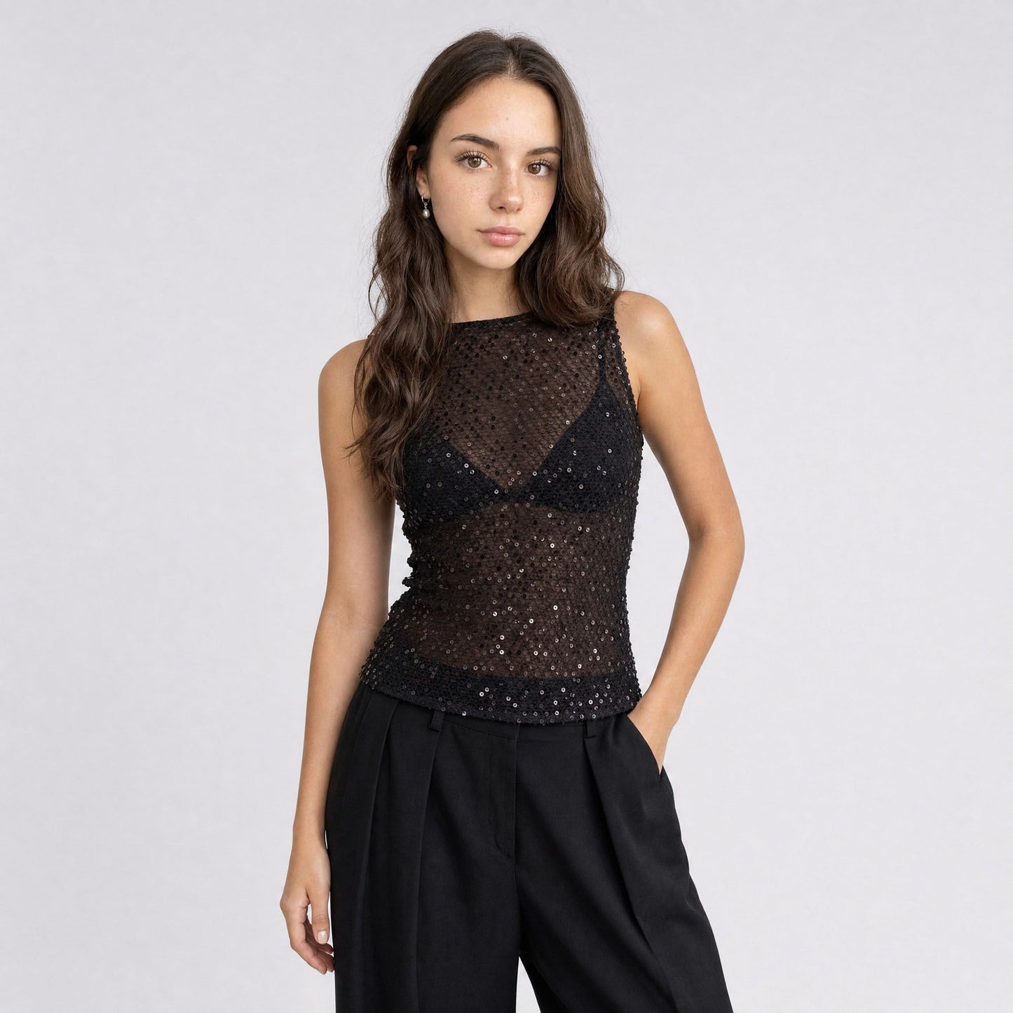 Sequin Sheer Mesh Sleeveless Fitted Top