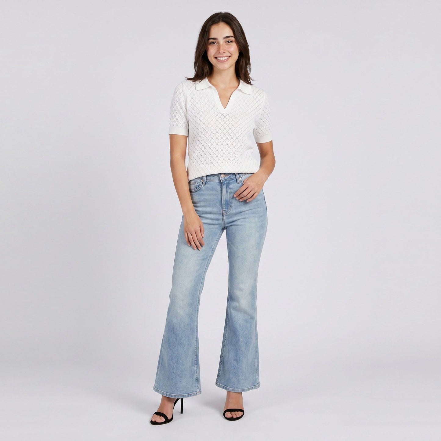 Pointelle Knit Polo Shirt Short Sleeve V-Neck Diamond Pattern Top