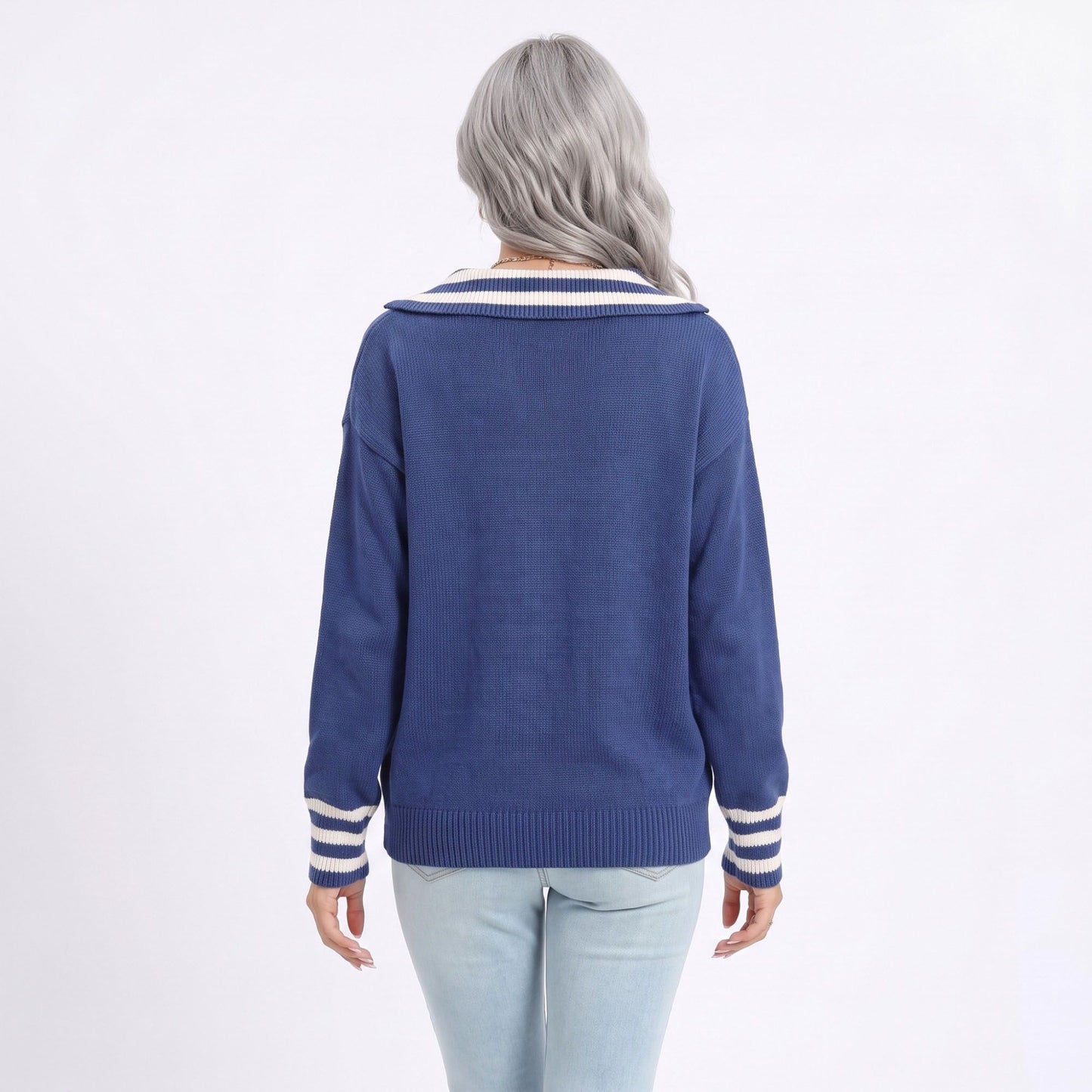 Long Sleeve Collared V Neck Knit Pullover Sweater
