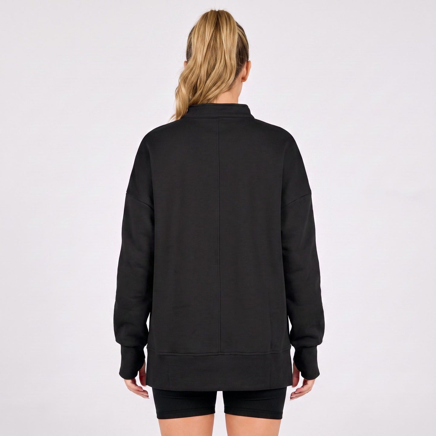 Quarter Zip Mock Neck Long Sleeve Tunic Sweatshirt with Side Slits