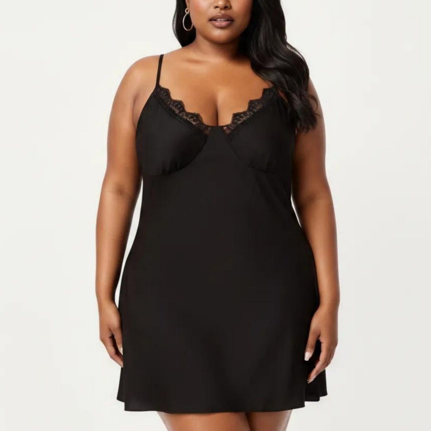 Plus Size Lace Trim Slip Nightgown Adjustable Spaghetti Straps Soft Flowy Sleep Dress Short Chemise