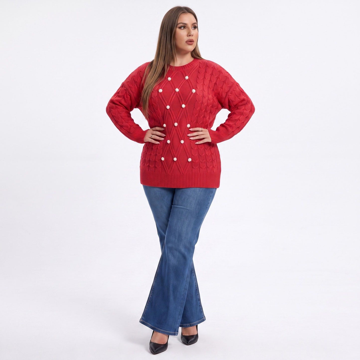 Plus Size Faux Pearl Cable Knit Tunic Sweater