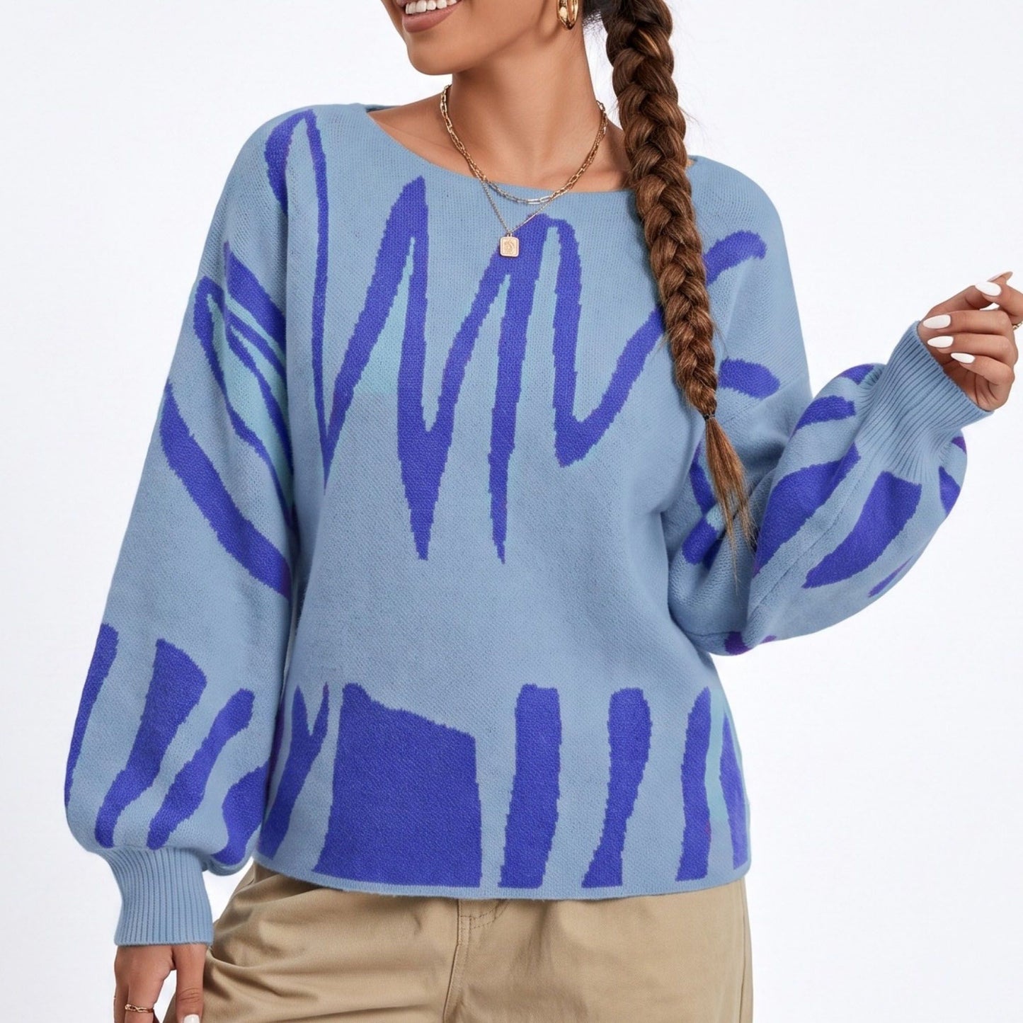 Abstract Graphic Print Long Sleeve Knit Sweater