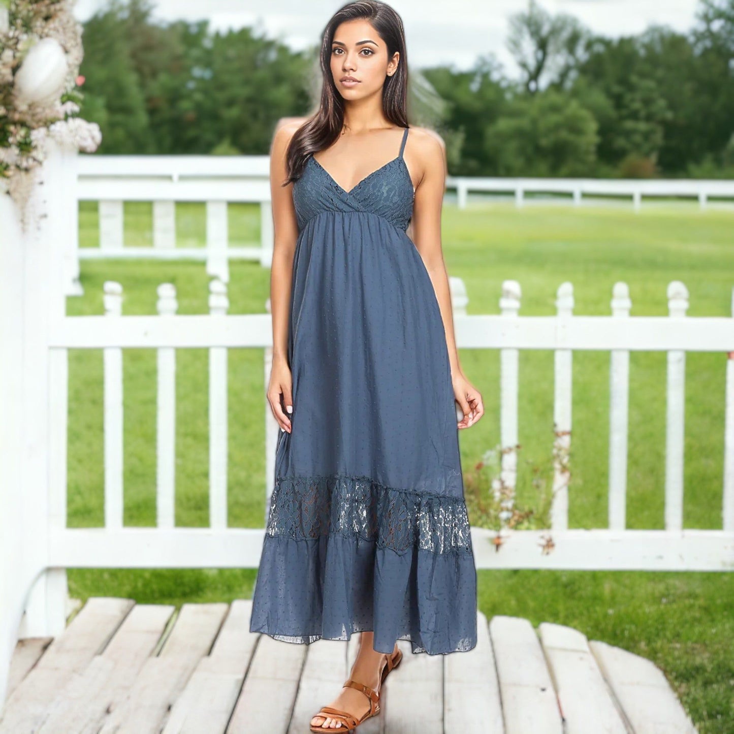 Adjustable Spaghetti Strap Sleeveless Boho Lace Maxi Dress