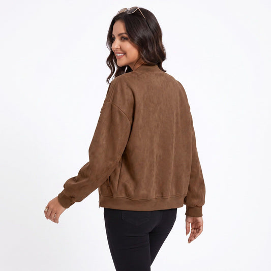 Bomber Jacket Zip Front Ribbed Trim Chest Pockets Relaxed Fit Long Sleeve