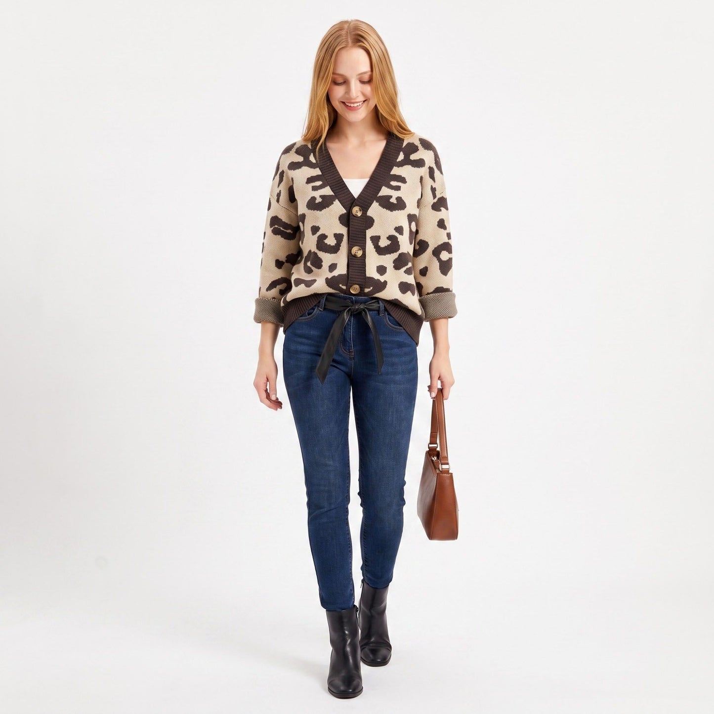 Leopard Print V-Neck Button-Front Cardigan Sweater