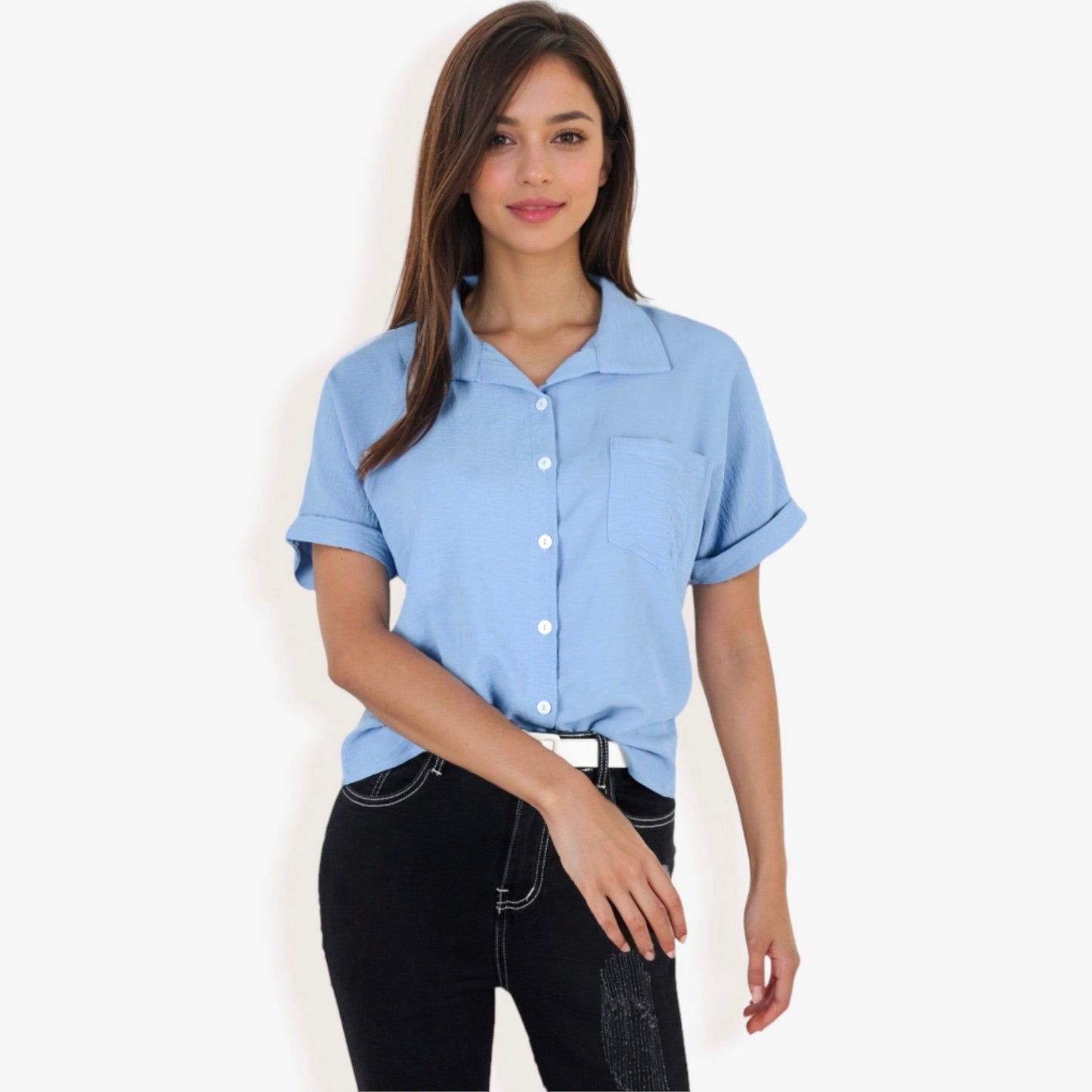 Short Sleeve Button Down Shirt Front Pocket Notched Collar