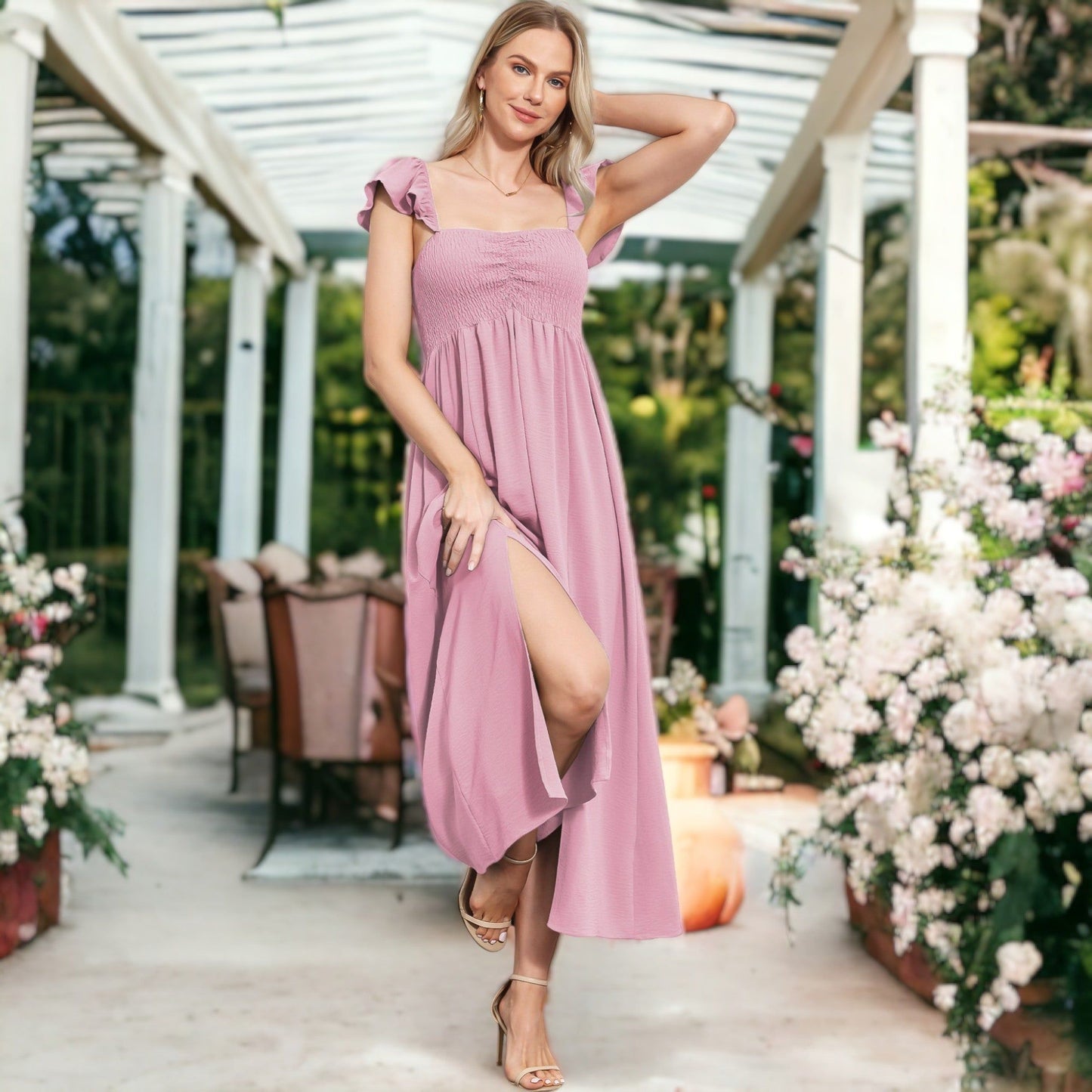 Ruffled Cap Sleeve Maxi Slit Dress