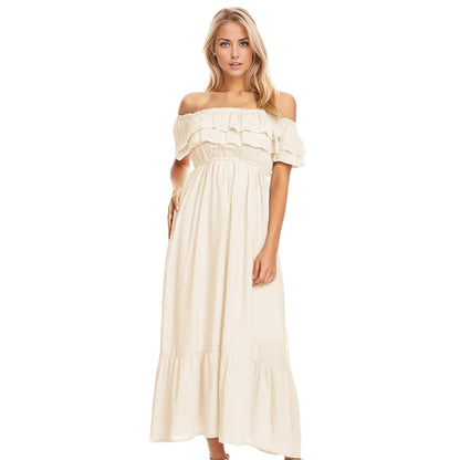 Off Shoulder Double Ruffle Elastic Waist Maxi Flared Dress