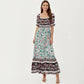 Puff Sleeve Maxi Dress with Mixed Floral Print and Border Hem