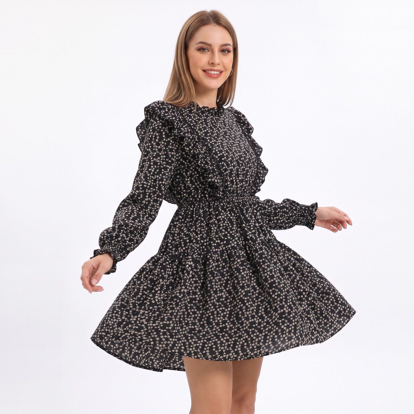 Floral Print Mini Dress Ruffle Neck Long Sleeve Tiered A Line Dress