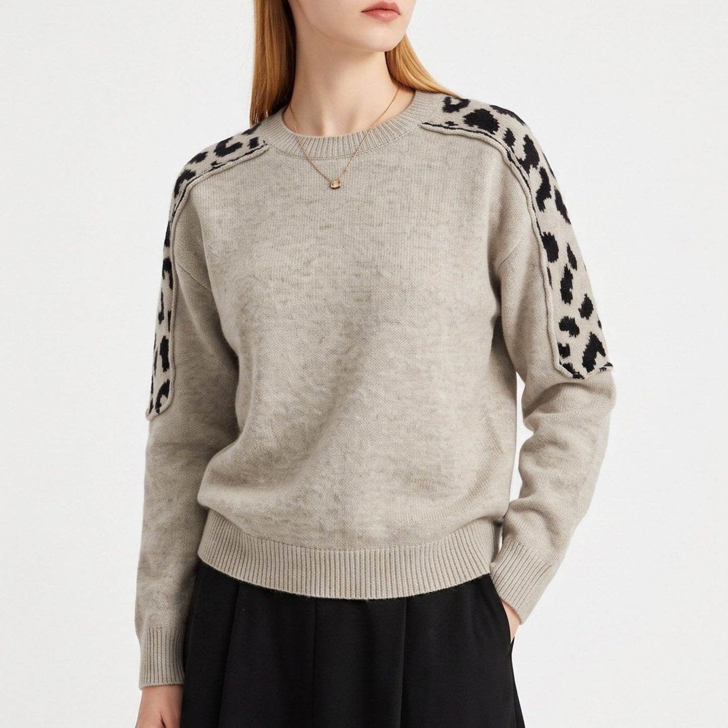 Leopard Shoulder Panel Crewneck Long Sleeve Knit Sweater