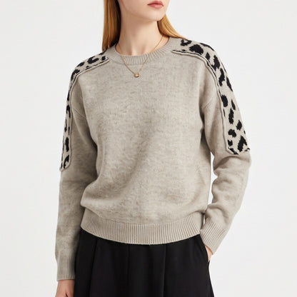 Leopard Shoulder Panel Crewneck Long Sleeve Knit Sweater
