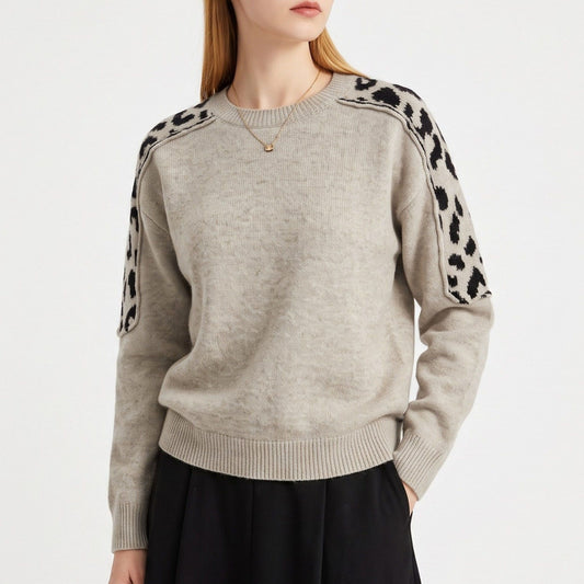 Leopard Shoulder Panel Crewneck Long Sleeve Knit Sweater