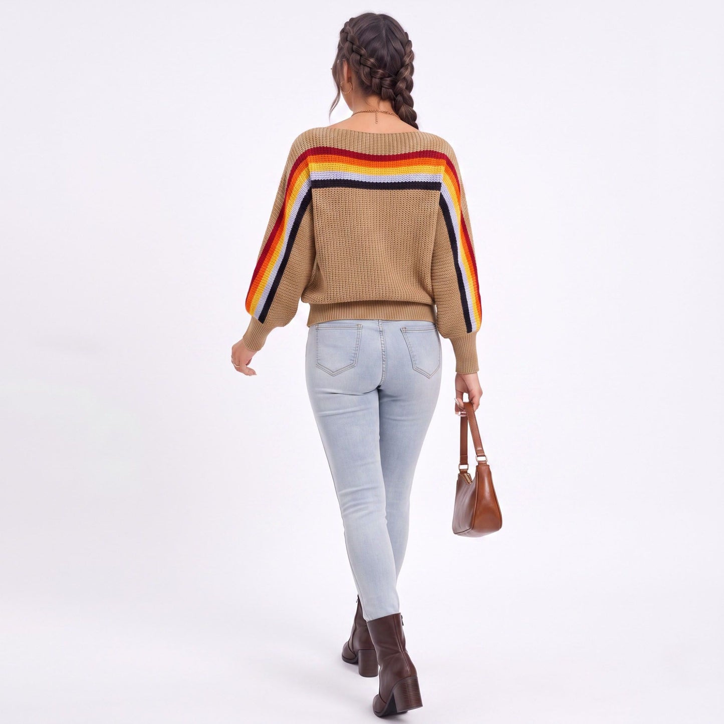 Rainbow Stripe One Shoulder Balloon Sleeve Knit Sweater