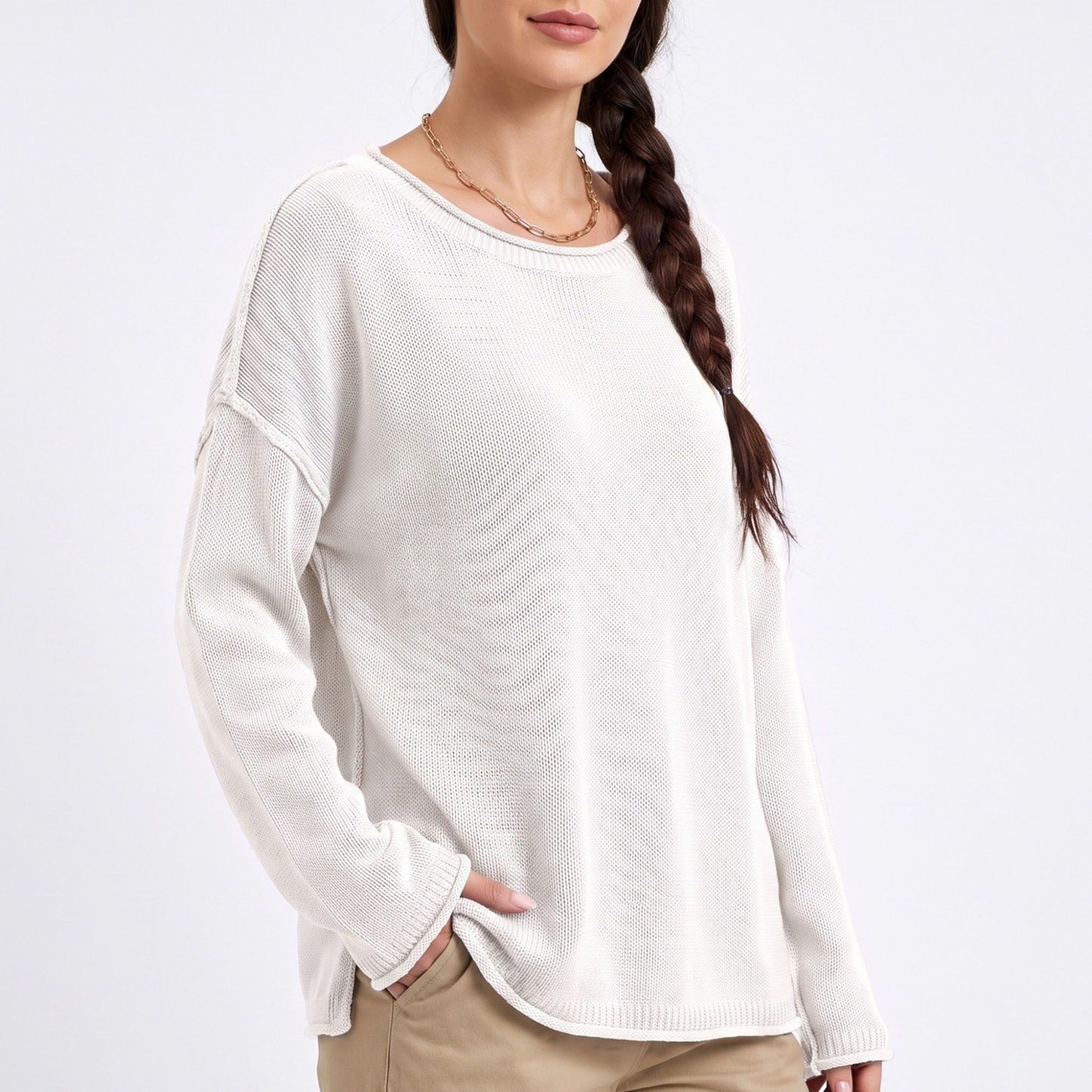 Relaxed Drop Shoulder Crew Neck Long Sleeve Knit Sweater