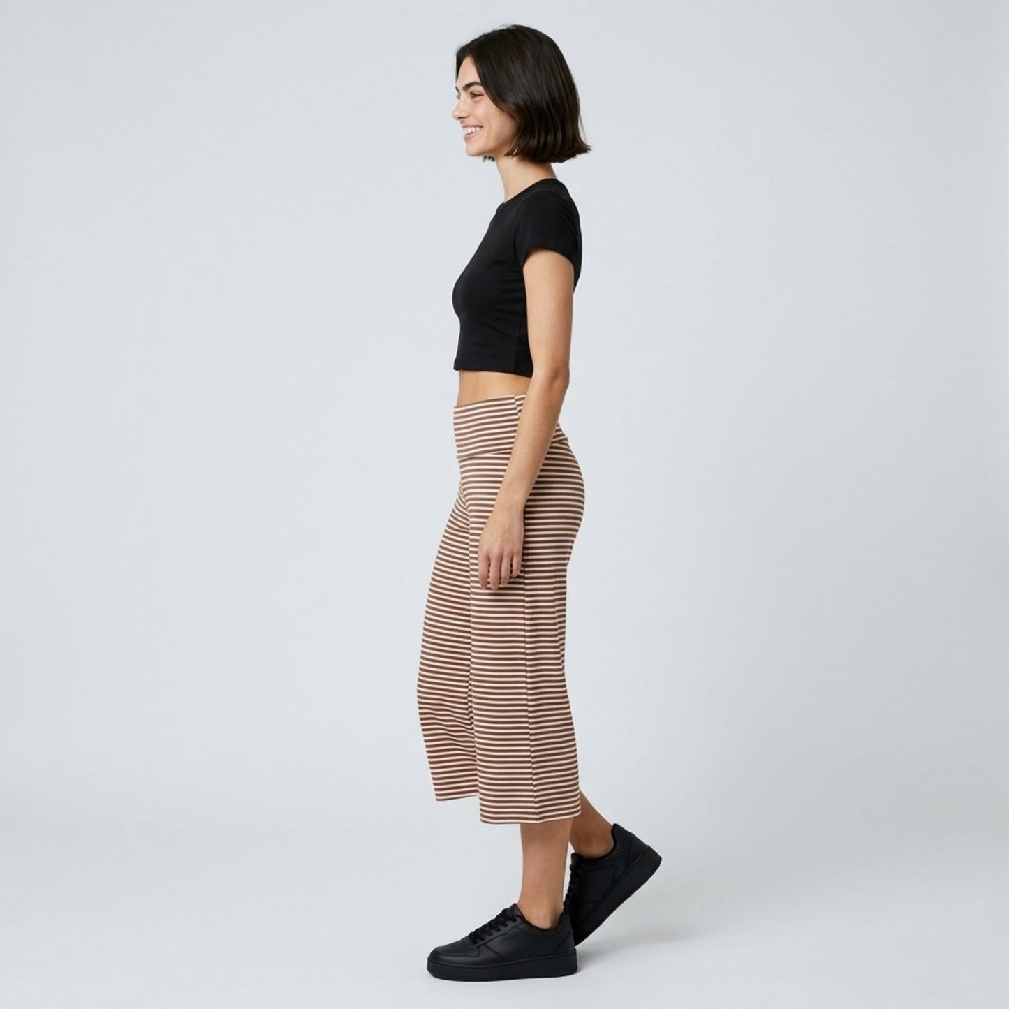 Foldover Waistband Striped Cropped Wide-Leg Trousers