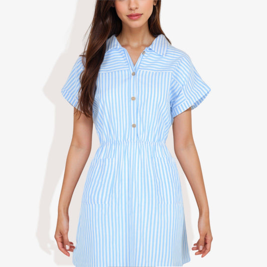 Short Sleeve Striped Dress with Elastic Waist