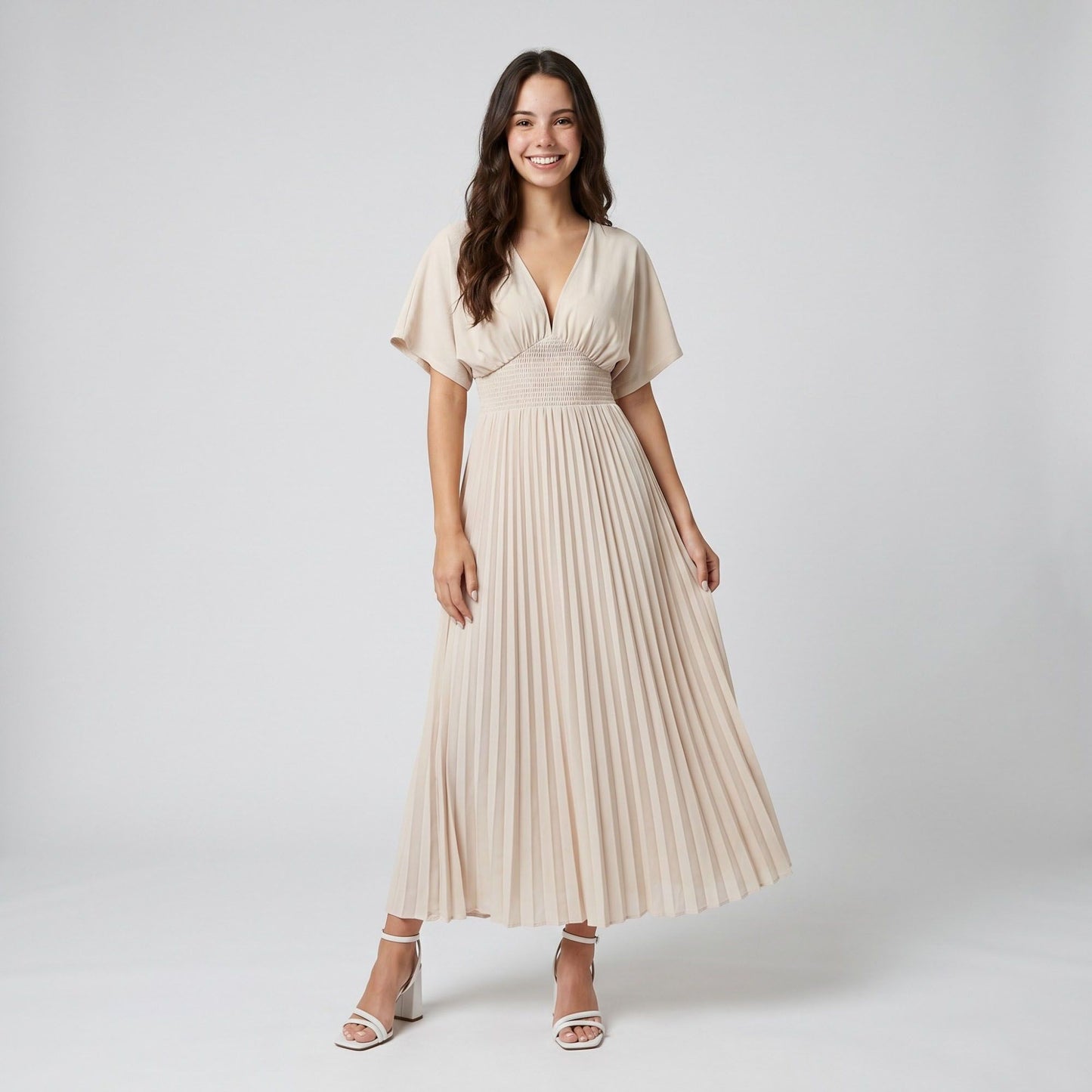 Pleated Maxi Dress with V-Neckline Short Flutter Sleeves Smocked Waist and Flowy A-Line Skirt