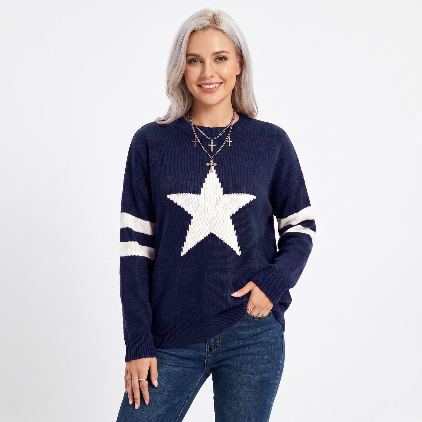 Star Graphic Striped Sleeve Crewneck Knit Sweater